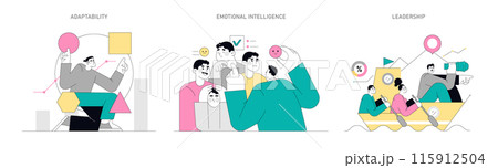 Soft Skills set. Illustrating adaptability, emotional intelligence, and leadership in work environments. Scenes embody dynamic corporate abilities. Vector illustration. 115912504
