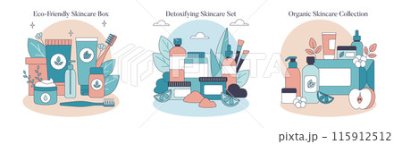 Skincare Toolboxes set. Illustration of eco-friendly, detoxifying, and organic skincare essentials. Sustainable beauty and personal care products. Vector illustration. Skincare Toolboxes set. Illustration of eco-friendly, detoxifying, and organic skincare essentials. Sustainable beauty and personal care products. Vector illustration. 115912512
