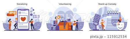 Social and family set. Digital connections to community support and laughter-filled entertainment. Unity in social media, charity work, and humor. Vector illustration 115912534