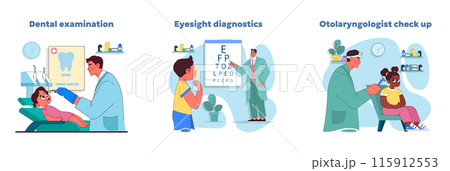 Pediatric health evaluation set. Child receiving dental, vision, and ENT checkups. Essential healthcare screenings for young patients. Keeping kids wellbeing in check. Vector illustration 115912553