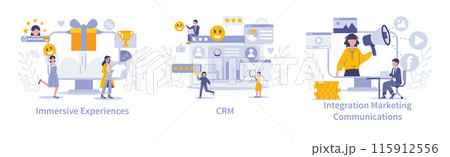 Strategic approaches in marketing set. Enhancing brand interaction through immersive experiences, CRM, and integrated marketing. Vector illustration. Strategic approaches in marketing set. Enhancing brand interaction through immersive experiences, CRM, and integrated marketing. Vector illustration. 115912556