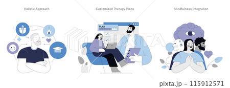 Integrative Psychotherapy set. Holistic mental wellness through customized therapy and mindfulness. Striving for personal growth and balanced health. Vector illustration. 115912571