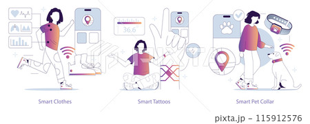 Wearable Tech set. Smart clothes with integrated health data, tattoos for monitoring, and pet collars for tracking. Seamless tech integration in daily life. Vector illustration. 115912576