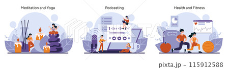 Wellness Journey set. Mindfulness meditation, podcast creation, physical fitness. Harmonizing mind and body, sharing knowledge, exercising for health. Vector illustration 115912588