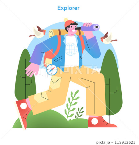 Explorer Archetype illustration. A curious adventurer gazes through a telescope, eager for discovery. Vibrant and dynamic vector representation. Explorer Archetype illustration. A curious adventurer gazes through a telescope, eager for discovery. Vibrant and dynamic vector representation. 115912623
