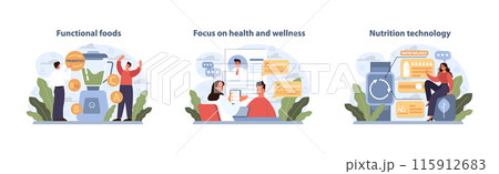 Dietary Trends Vector Set. Highlights the benefits of functional foods, the importance of health and wellness, and advances in nutrition technology. Dietary Trends Vector Set. Highlights the benefits of functional foods, the importance of health and wellness, and advances in nutrition technology. 115912683