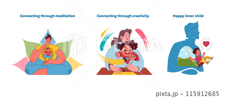 A woman with electric blue hair is cuddling a child on a couch. They are surrounded by artwork and playing games together, embodying a fictional character for fun recreation 115912685