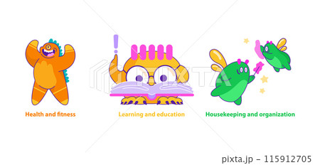 Monster Helpers set. Colorful monsters embodying fitness, education, and tidiness. Dynamic assistance in self-improvement. Vector illustration. 115912705