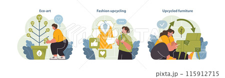 Upcycling Illustration Trio. Engaging visuals showcasing eco-art creation, fashion upcycling, and furniture repurposing, capturing the essence of sustainable innovation and lifestyle. 115912715