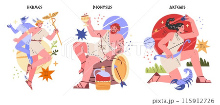Ancient Greek Gods set. Hermes, Dionysus, and Artemis portrayed in vibrant modern illustrations. Mythological figures with symbolic attributes. Vector illustration. 115912726