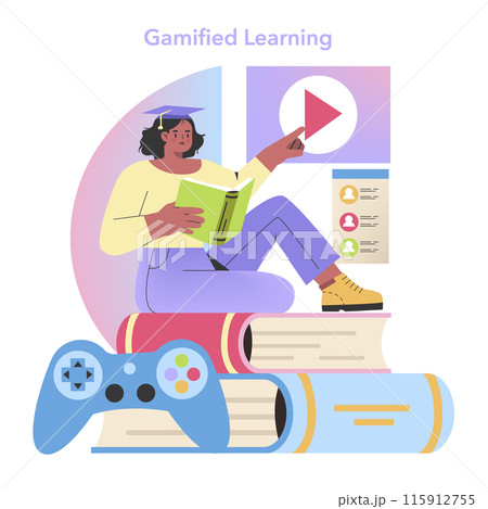 Gamified Learning concept. A young student interacts with digital learning tools alongside traditional books. Vector illustration. 115912755