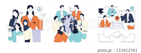 Political action set. Diverse people involved in global education, economic growth, environmental activism, democracy and diplomacy building. Sustainable development. Flat vector illustration. 115912781