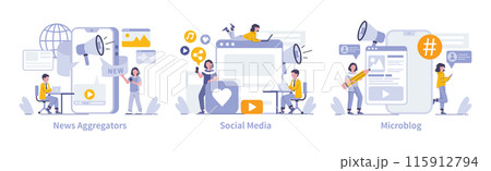 Internet Mass Media set. Key online platforms for news, social interaction, and content sharing. Seamless information flow and digital engagement. Vector illustration. 115912794