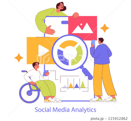Digital Strategy concept. Team analyzes metrics for effective online presence. Building, assessing, and adjusting digital campaigns. Vector illustration. Digital Strategy concept. Team analyzes metrics for effective online presence. Building, assessing, and adjusting digital campaigns. Vector illustration. 115912862