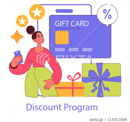 Loyalty Program concept. Customer enjoying benefits of a reward system, showcasing gift card and discounts alongside cheerful imagery. Vector illustration. 115912889