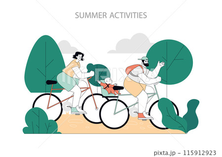 Summer Activities concept. A family enjoying a bike ride in the park, with lush greenery and a cheerful atmosphere. Safe, eco-friendly recreation. Vector illustration. Summer Activities concept. A family enjoying a bike ride in the park, with lush greenery and a cheerful atmosphere. Safe, eco-friendly recreation. Vector illustration. 115912923