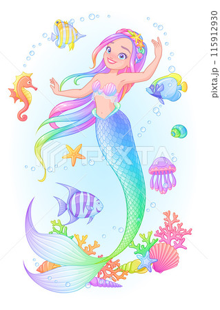 Pretty mermaid princess surrounded with fish, corals and sea creatures. Hand drawn vector illustration not AI. 115912930