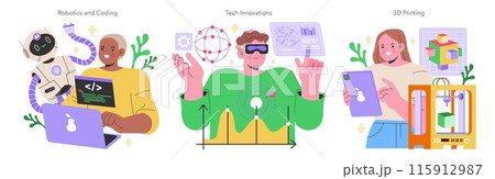 Maker Culture concept Enthusiasts delve into robotics, breakthrough technologies, and the marvels of 3D printing Future shapers in a digital world Vector illustration 115912987