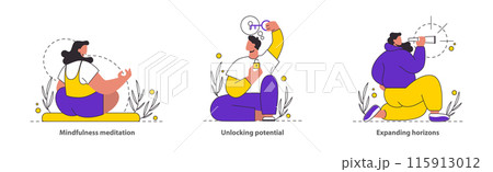 Personal Development concept Tranquil meditation, unlocking the mind's potential, and the quest for broader vistas Illustrative moments of calm, insight, and vision Simple yet profound storytelling 115913012