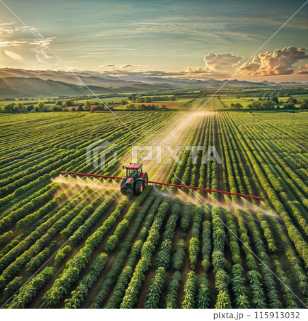 An aerial view of a red tractor with a spraying boom attached, working its way across a vast field of green crops at sunset. The sky is ablaze with orange, pink, and purple hues. 115913032