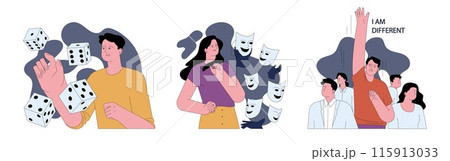 Human fears set. Scared characters confronting personal emotional and existential fears. Frightened anxious person suffering from panic disorder. Psychological problem. Flat vector illustration Human fears set. Scared characters confronting personal emotional and existential fears. Frightened anxious person suffering from panic disorder. Psychological problem. Flat vector illustration 115913033