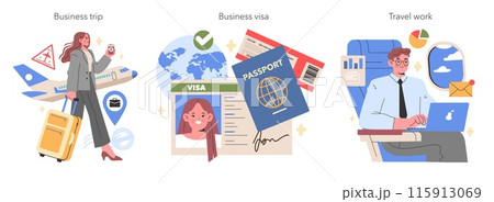 Business Professionals concept Seamless integration of travel and work, from business trips to visa arrangements and in-flight productivity Vector illustration 115913069