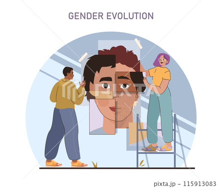 Gender Evolution concept. A depiction of individuals piecing together a mosaic of gender identity, symbolizing personal and societal transformation. 115913083