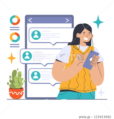 Instant Messaging concept. Woman swiftly communicates with peers through a digital chat platform, embracing quick online interactions. Seamless mobile connection. Flat vector illustration Instant Messaging concept. Woman swiftly communicates with peers through a digital chat platform, embracing quick online interactions. Seamless mobile connection. Flat vector illustration 115913092