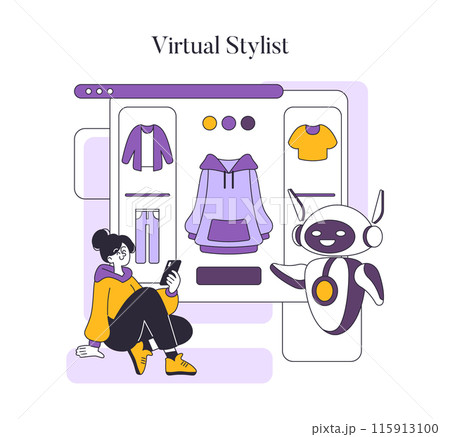 Fashion tech concept. A woman uses a smartphone app with a virtual stylist robot for personalized fashion advice. Digital wardrobe selection. Vector illustration. Fashion tech concept. A woman uses a smartphone app with a virtual stylist robot for personalized fashion advice. Digital wardrobe selection. Vector illustration. 115913100