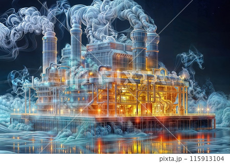 A futuristic industrial complex with multiple smokestacks emitting smoke, situated on a platform over water, featuring intricate piping and illuminated by ambient light. 115913104