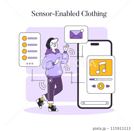 Fashion Tech concept. Interactive sensor-enabled clothing paired with a smartphone app for multifunctional use. Stylish wearable technology integration. Vector illustration. 115913113