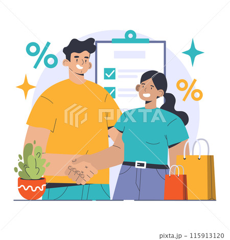 Direct Sales dynamic. Man and woman finalize a deal, sealing with a handshake. Personalized offers, exclusive discounts, shopping satisfaction. Two bags, clear agreement. Flat vector illustration 115913120