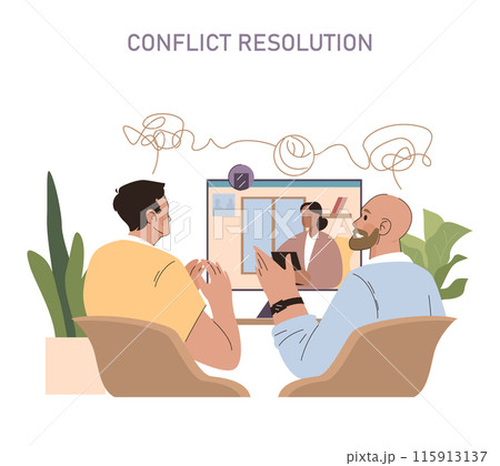 Modern Families concept. Two men engage in mediation with a professional. Resolving conflicts with constructive dialogue. 115913137