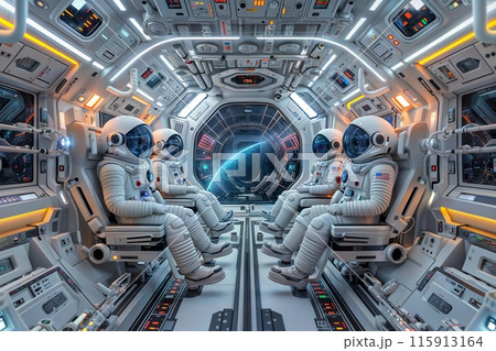 A futuristic space mission interior with four astronauts in white suits, American flags, and advanced cockpit controls, featuring Earth's curvature in the background. 115913164