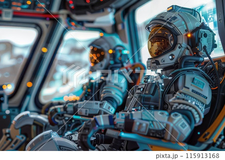 Futuristic astronauts in advanced space suits operate a high-tech spacecraft with illuminated panels and digital interfaces. 115913168