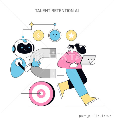 AI in HR concept. Illustration of a robot aiding in talent retention with positive outcomes. Employee engagement, job satisfaction, goal alignment in focus. Vector illustration. AI in HR concept. Illustration of a robot aiding in talent retention with positive outcomes. Employee engagement, job satisfaction, goal alignment in focus. Vector illustration. 115913207