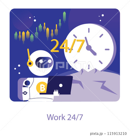 Round-the-clock work concept. The illustration depicts a crypto trading bot tirelessly operating around the clock, ensuring continuous market presence and trading opportunities. Vector illustration. 115913210
