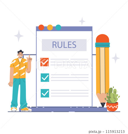 Compliance Audit concept. Confident man points to a checklist, ensuring all rules are met. Large pencil signifies meticulous scrutiny and attention to regulations. Flat vector illustration 115913213
