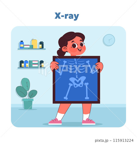 Pediatric radiology with smile. Cheerful child proudly displays her skeletal X ray, showcasing importance of radiological health diagnostics. Keeping kids wellbeing in check. Vector illustration Pediatric radiology with smile. Cheerful child proudly displays her skeletal X ray, showcasing importance of radiological health diagnostics. Keeping kids wellbeing in check. Vector illustration 115913224