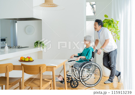 車椅子を押すシニア夫婦 115913239