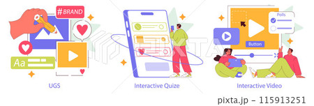 Interactive Engagement set. Digital interaction, social media engagement, and user interface elements. Branding, quizzes, and video interaction illustrated. Vector illustration. 115913251