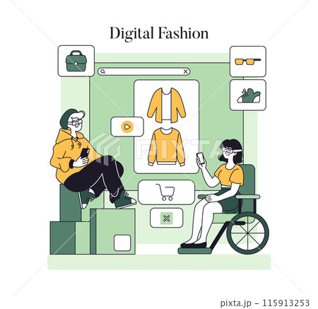 Sustainable Fashion concept. Individuals engage with digital platforms for eco-friendly apparel choices. Online shopping and green fashion awareness. Vector illustration. Sustainable Fashion concept. Individuals engage with digital platforms for eco-friendly apparel choices. Online shopping and green fashion awareness. Vector illustration. 115913253