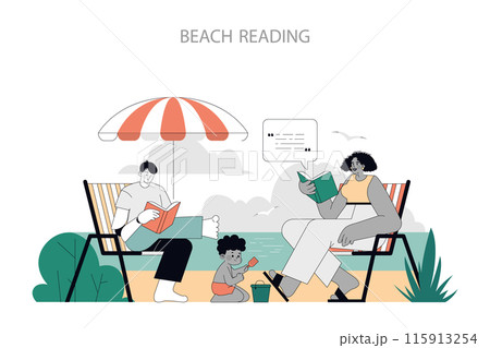 Summer Activities concept. Family enjoys books under a beach umbrella, showcasing tranquility with a seaside backdrop. Relaxing holiday scene, leisure reading outdoors. Vector illustration. 115913254