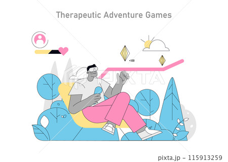 Gamification in Psychotherapy concept. A serene setting integrates gaming elements with therapy, creating engagement and reward paths for progress. Vector illustration. 115913259