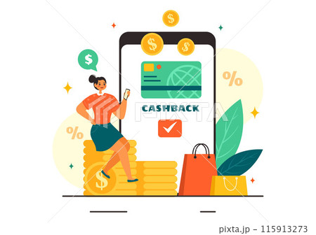 Cashback Vector Illustration with Financial Payment to Money Cashback Service for a Buyer in a Flat Cartoon Style Background Cashback Vector Illustration with Financial Payment to Money Cashback Service for a Buyer in a Flat Cartoon Style Background 115913273