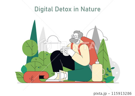 Eco Therapy concept. A serene setting shows an individual relaxing with tea amidst nature, illustrating rejuvenation away from digital devices. Vector illustration. 115913286