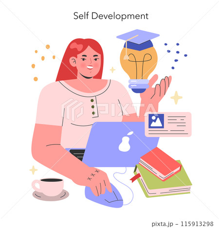 Self Development concept. A smiling woman engages in online learning with a laptop, books, and a light bulb graduation cap. Lifelong education and skill enhancement. Vector illustration. 115913298