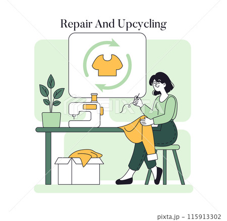 Sustainable Fashion concept. Woman sewing to repurpose clothing, emphasizing the eco-friendly practice of repair and upcycling. Circular fashion lifecycle. Vector illustration. 115913302