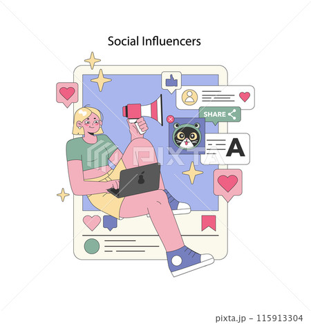 Social Influencers concept. A content creator engages with followers on a social media platform, sharing trendy posts. Online engagement and digital marketing. Vector illustration. Social Influencers concept. A content creator engages with followers on a social media platform, sharing trendy posts. Online engagement and digital marketing. Vector illustration. 115913304