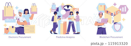 Innovation in procurement set. Digital shopping, data analytics, and secure transactions through blockchain represented with characters and icons. Vector illustration. Innovation in procurement set. Digital shopping, data analytics, and secure transactions through blockchain represented with characters and icons. Vector illustration. 115913320